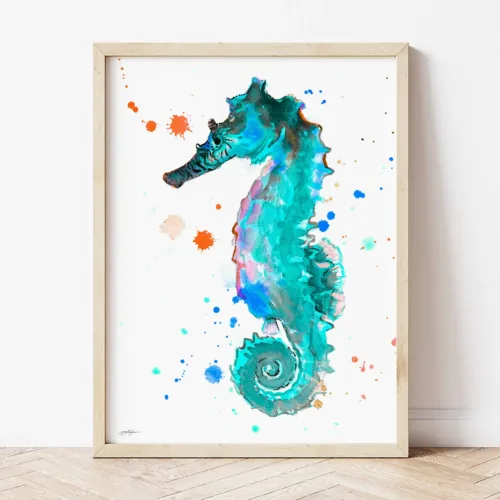 Blue seahorse watercolor painting by Slaveika Aladjova, the artwork on the T-shirt