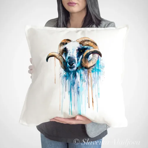 Blue Sheep Art Pillow Cover, Watercolor Cushion 50 × 50 cm Blue Sheep watercolor painting printed on a 50 x 50 cm cotton art pillow cover by Slaveika Aladjova