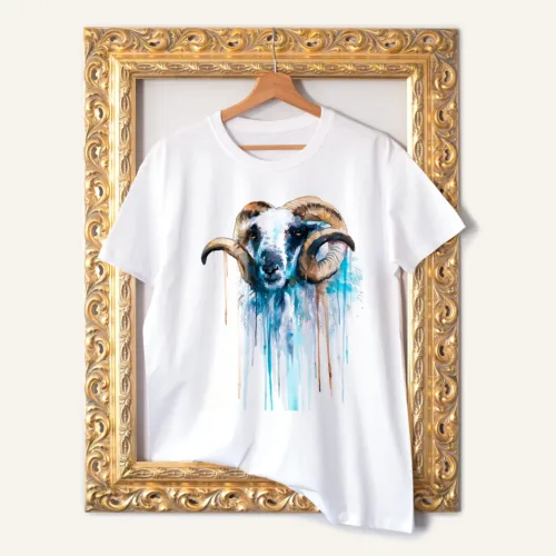 Blue Sheep T-Shirt, Watercolor Art Tee Blue Sheep watercolor painting printed on a white cotton T-shirt by Slaveika Aladjova