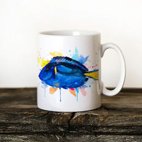 Blue Tang watercolor painting printed on an 11 oz ceramic art mug by Slaveika Aladjova