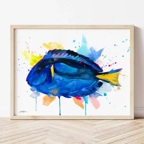 Blue Tang watercolor painting the artwork on the T-shirt by Slaveika Aladjova