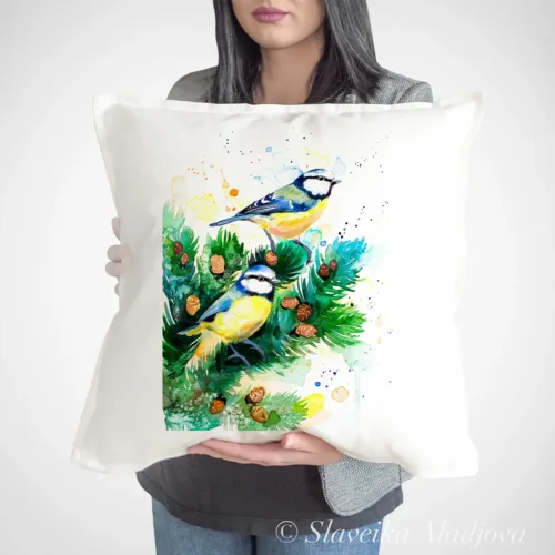 Blue Tits watercolor painting printed on a 50 x 50 cm cotton art pillow cover by Slaveika Aladjova