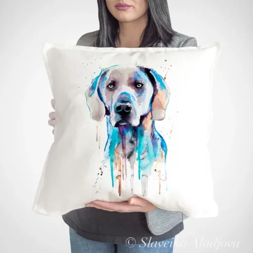 Blue Weimaraner Art Pillow Cover, Watercolor Cushion 50 × 50 cm Blue Weimaraner watercolor painting printed on a 50 x 50 cm cotton art pillow cover by Slaveika Aladjova