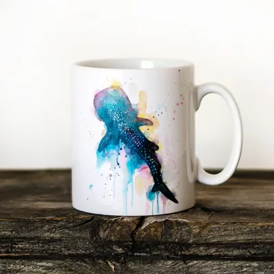 Blue Whale Shark watercolor painting printed on an 11 oz ceramic art mug by Slaveika Aladjova
