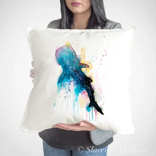 Blue Whale Shark watercolor painting printed on a 50 x 50 cm cotton art pillow cover by Slaveika Aladjova