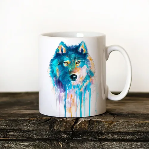 Blue Wolf Art Mug, Watercolor Ceramic Mug 11 oz Blue Wolf watercolor painting printed on an 11 oz ceramic art mug by Slaveika Aladjova