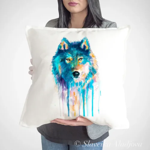Blue Wolf watercolor painting printed on a 50 x 50 cm cotton art pillow cover by Slaveika Aladjova