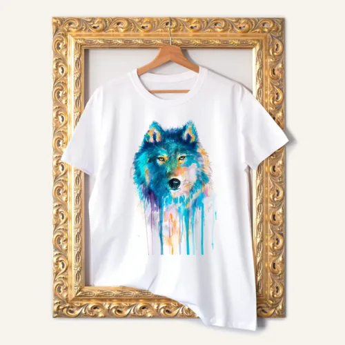 Blue Wolf watercolor painting printed on a white cotton T-shirt by Slaveika Aladjova