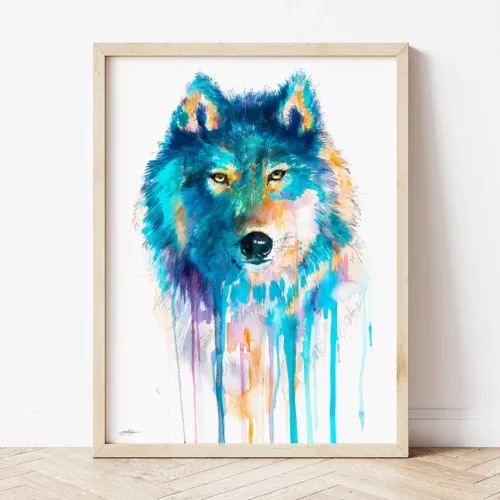 Blue Wolf watercolor painting the artwork on the T-shirt by Slaveika Aladjova