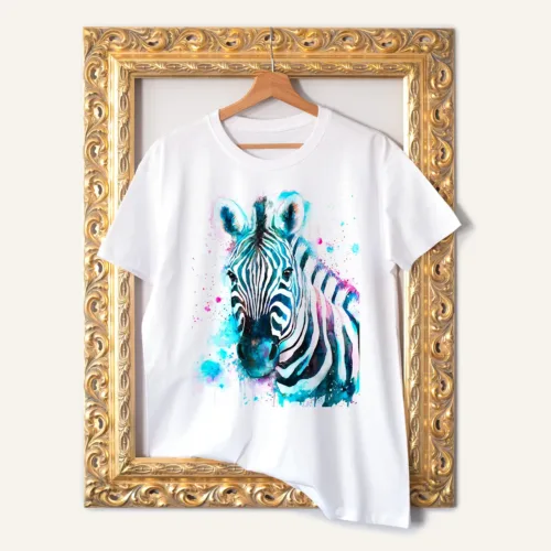 Blue Zebra T-Shirt, Watercolor Art Tee Blue Zebra watercolor painting printed on a white cotton T-shirt by Slaveika Aladjova
