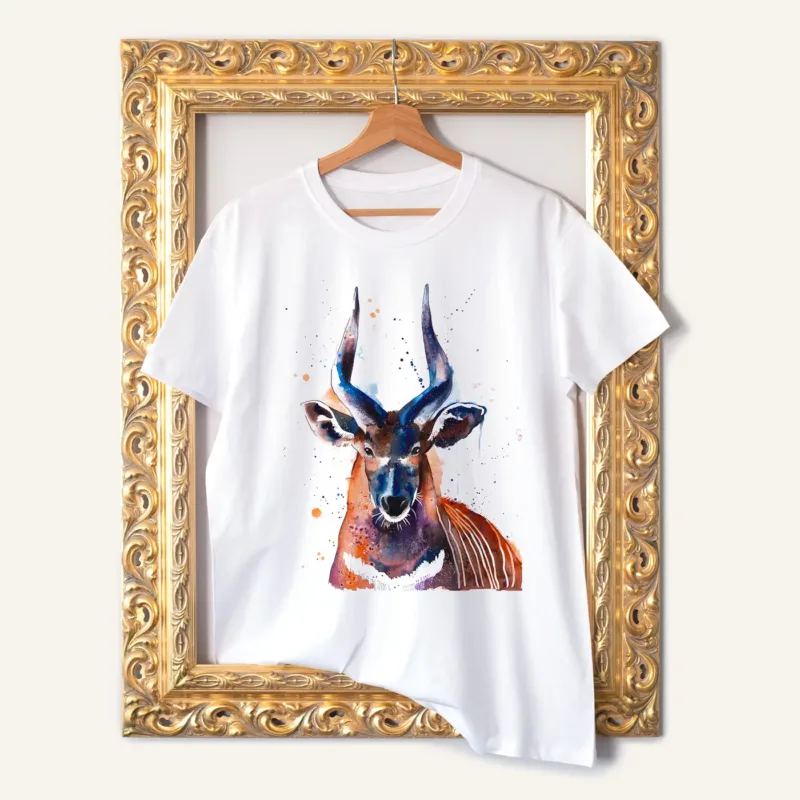Bongo Antelope watercolor painting printed on a white cotton T-shirt by Slaveika Aladjova