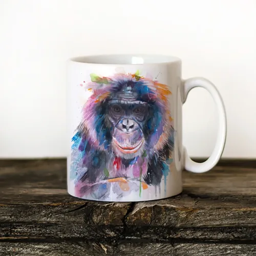 Bonobo Art Mug, Watercolor Ceramic Mug 11 oz Bonobo watercolor painting printed on an 11 oz ceramic art mug by Slaveika Aladjova