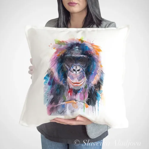 Bonobo watercolor painting printed on a 50 x 50 cm cotton art pillow cover by Slaveika Aladjova