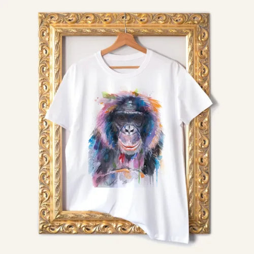 Bonobo watercolor painting printed on a white cotton T-shirt by Slaveika Aladjova