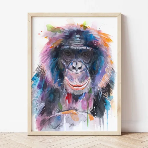 Bonobo watercolor painting the artwork on the T-shirt by Slaveika Aladjova
