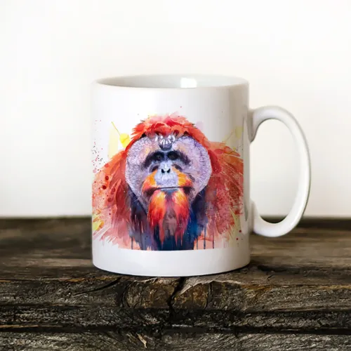 Bornean Orangutan Art Mug, Watercolor Ceramic Mug 11 oz Bornean Orangutan watercolor painting printed on an 11 oz ceramic art mug by Slaveika Aladjova