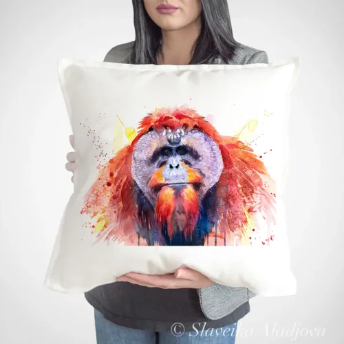 Bornean Orangutan Art Pillow Cover, Watercolor Cushion 50 × 50 cm Bornean Orangutan watercolor painting printed on a 50 x 50 cm cotton art pillow cover by Slaveika Aladjova