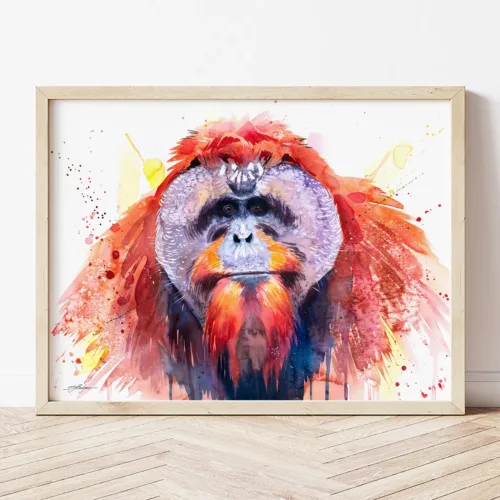 Bornean Orangutan watercolor painting the artwork on the T-shirt by Slaveika Aladjova