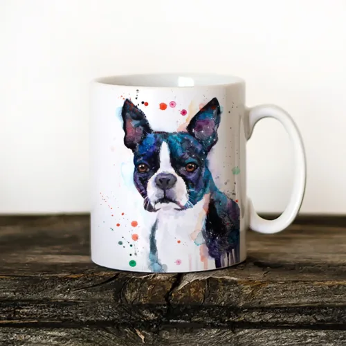 Boston Terrier watercolor painting printed on an 11 oz ceramic art mug by Slaveika Aladjova