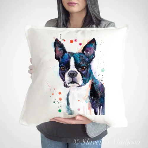 Boston Terrier watercolor painting printed on a 50 x 50 cm cotton art pillow cover by Slaveika Aladjova