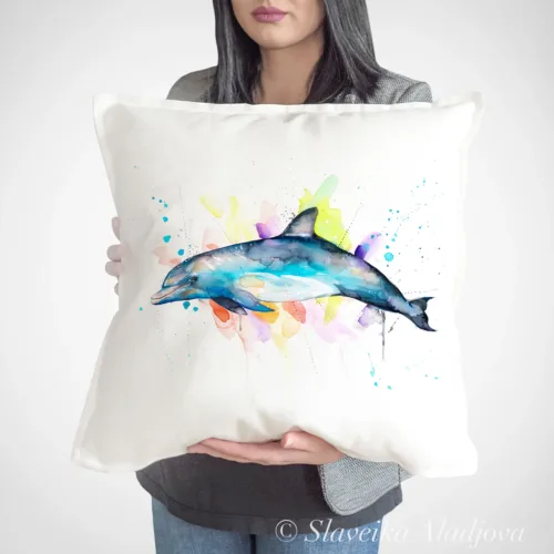 Bottlenose Dolphin Art Pillow Cover, Watercolor Cushion 50 × 50 cm Bottlenose Dolphin watercolor painting printed on a 50 x 50 cm cotton art pillow cover by Slaveika Aladjova