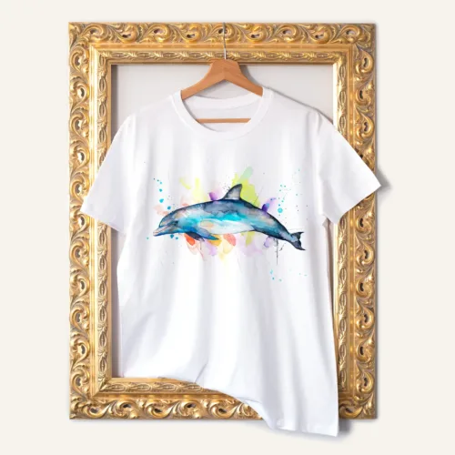 Bottlenose Dolphin T-Shirt, Watercolor Art Tee Bottlenose Dolphin watercolor painting printed on a white cotton T-shirt by Slaveika Aladjova