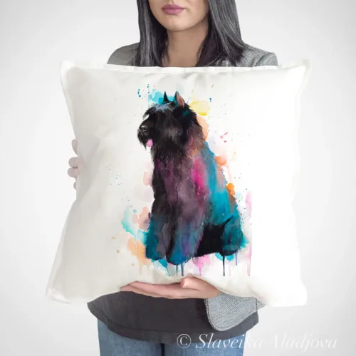 Bouvier des Flandres Art Pillow Cover, Watercolor Cushion 50 × 50 cm Bouvier des Flandres watercolor painting printed on a 50 x 50 cm cotton art pillow cover by Slaveika Aladjova