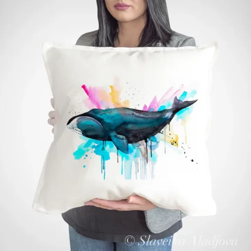 Bowhead Whale watercolor painting printed on a 50 x 50 cm cotton art pillow cover by Slaveika Aladjova