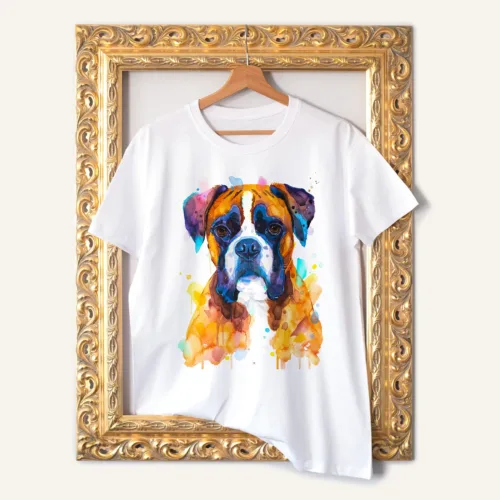Boxer Dog watercolor painting printed on a white cotton T-shirt by Slaveika Aladjova