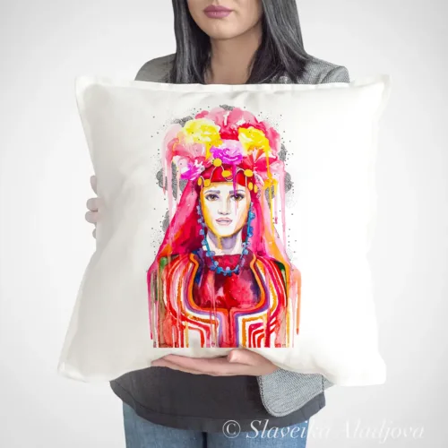 Bride in a Traditional Bulgarian Wedding Costume watercolor painting printed on a 50 x 50 cm cotton art pillow cover by Slaveika Aladjova