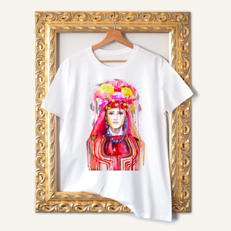 Bride in a Traditional Bulgarian Wedding Costume watercolor painting printed on a white cotton T-shirt by Slaveika Aladjova