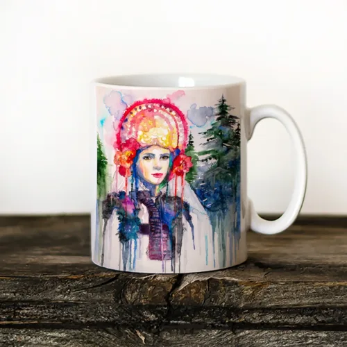 Bride in a Wedding Costume from Northwest Bulgaria Art Mug, Watercolor Ceramic Mug 11 oz Bride in a Wedding Costume from Northwest Bulgaria watercolor painting printed on an 11 oz ceramic art mug by Slaveika Aladjova