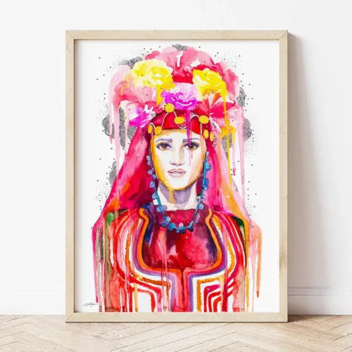 Bride in a Traditional Bulgarian Wedding Costume, Bulgarian folk costume watercolor painting by Slaveika Aladjova