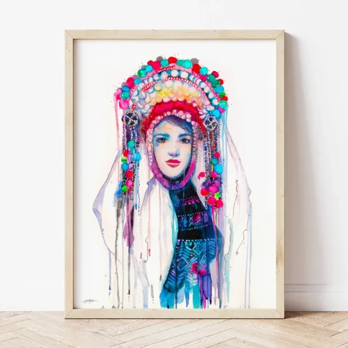 Bride in a Wedding Costume from Northern Bulgaria, Bulgarian folk costume watercolor painting by Slaveika Aladjova