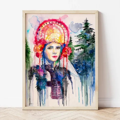 Bride in a Wedding Costume from Northwest Bulgaria, Bulgarian folk costume watercolor painting by Slaveika Aladjova