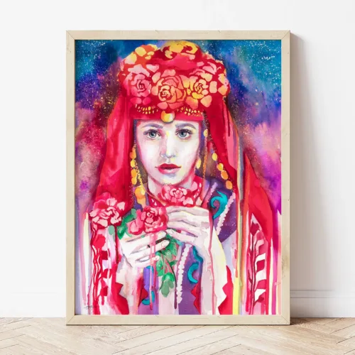 Bride in a Wedding Costume from Thrace, Bulgarian folk costume watercolor painting by Slaveika Aladjova