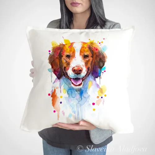 Brittany Spaniel Art Pillow Cover, Watercolor Cushion 50 × 50 cm Brittany Spaniel watercolor painting printed on a 50 x 50 cm cotton art pillow cover by Slaveika Aladjova