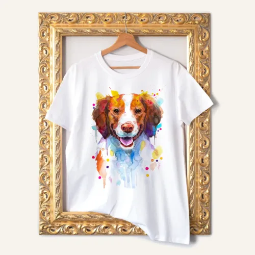 Brittany Spaniel T-Shirt, Watercolor Art Tee Brittany Spaniel watercolor painting printed on a white cotton T-shirt by Slaveika Aladjova