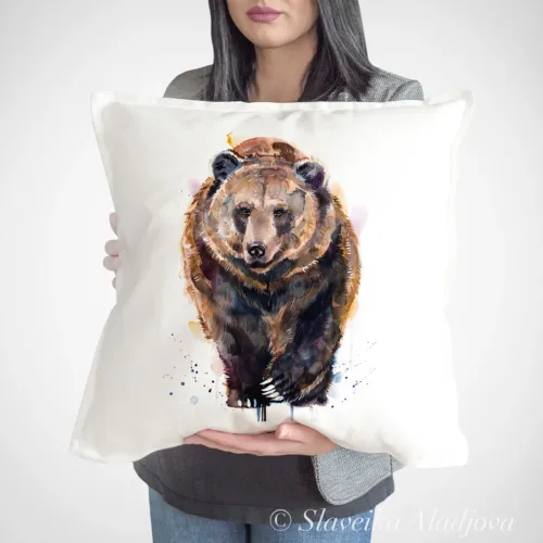 Brown Bear Art Pillow Cover, Watercolor Cushion 50 × 50 cm Brown Bear watercolor painting printed on a 50 x 50 cm cotton art pillow cover by Slaveika Aladjova