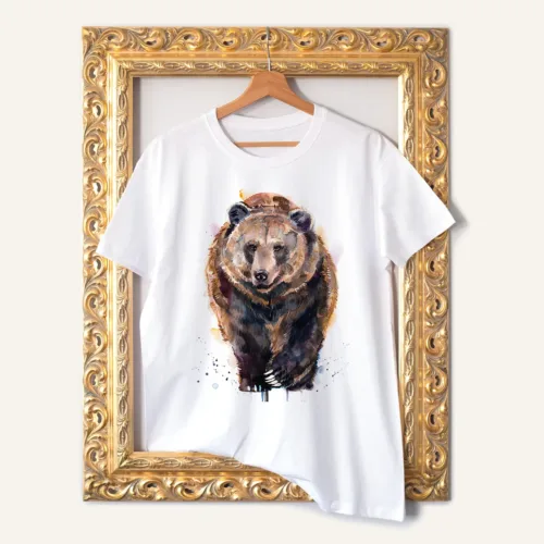 Brown Bear T-Shirt, Watercolor Art Tee Brown Bear watercolor painting printed on a white cotton T-shirt by Slaveika Aladjova