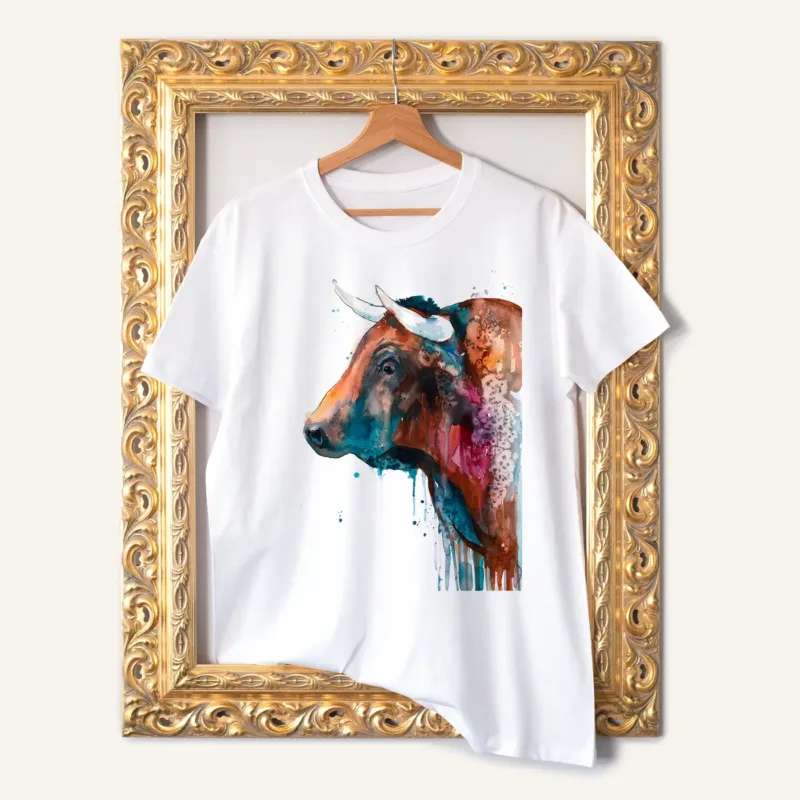Brown Bull watercolor painting printed on a white cotton T-shirt by Slaveika Aladjova
