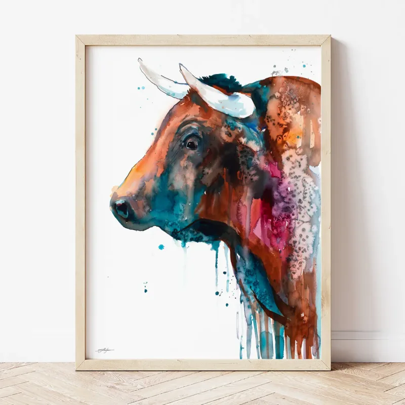 Brown Bull watercolor painting the artwork on the T-shirt by Slaveika Aladjova