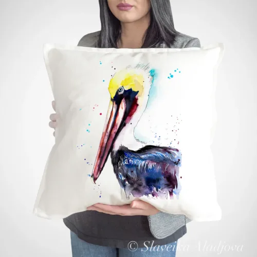 Brown Pelican Art Pillow Cover, Watercolor Cushion 50 × 50 cm Brown Pelican watercolor painting printed on a 50 x 50 cm cotton art pillow cover by Slaveika Aladjova