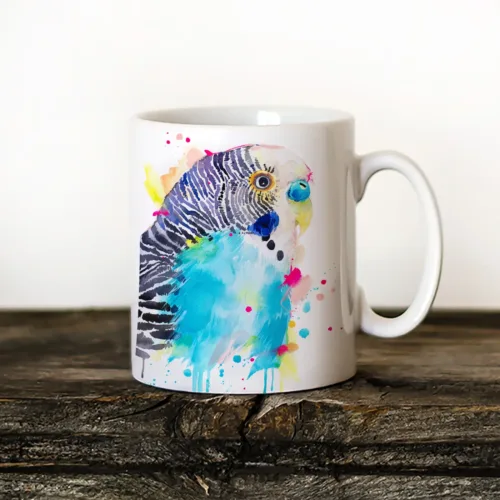 Budgie Art Mug, Watercolor Ceramic Mug 11 oz Budgie watercolor painting printed on an 11 oz ceramic art mug by Slaveika Aladjova