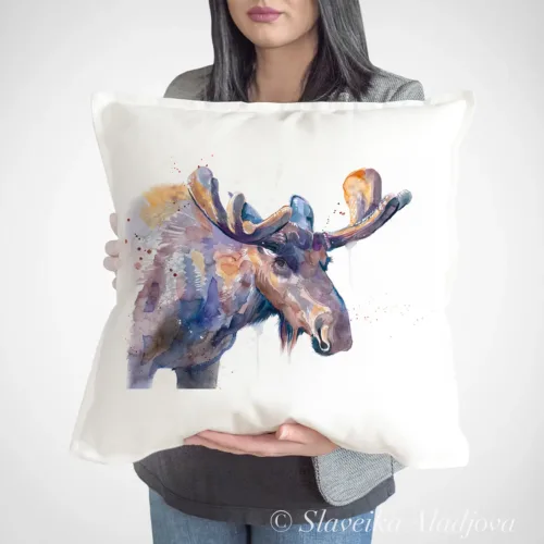 Bull Moose Art Pillow Cover, Watercolor Cushion 50 × 50 cm Bull Moose watercolor painting printed on a 50 x 50 cm cotton art pillow cover by Slaveika Aladjova