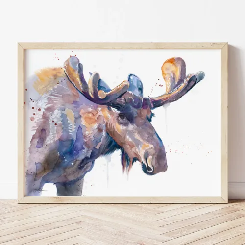Bull moose with antlers watercolor painting, limited edition art print by Slaveika Aladjova