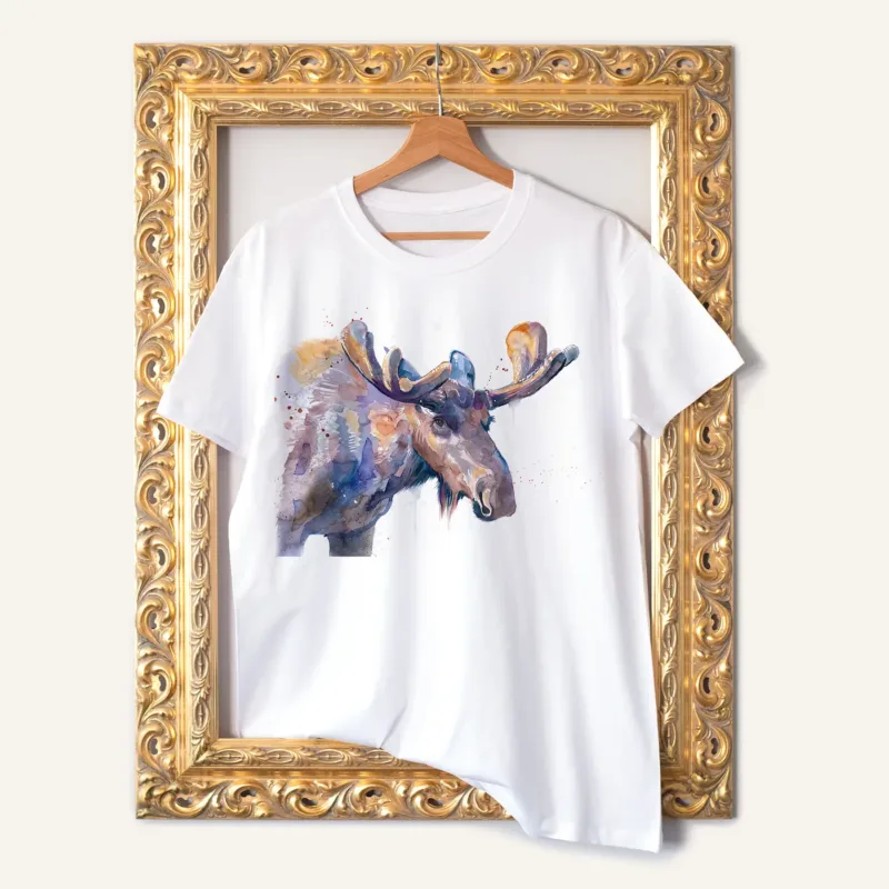 Bull Moose watercolor painting printed on a white cotton T-shirt by Slaveika Aladjova