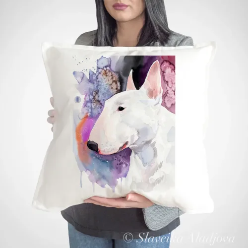 Bull Terrier Art Pillow Cover, Watercolor Cushion 50 × 50 cm Bull Terrier watercolor painting printed on a 50 x 50 cm cotton art pillow cover by Slaveika Aladjova