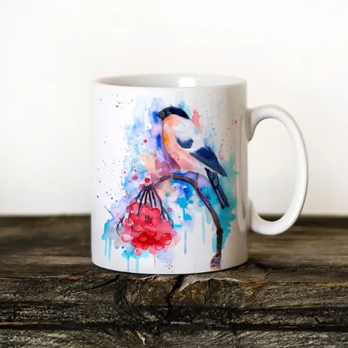 Bullfinch Art Mug, Watercolor Ceramic Mug 11 oz Bullfinch watercolor painting printed on an 11 oz ceramic art mug by Slaveika Aladjova