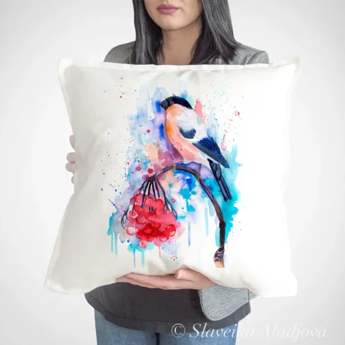 Bullfinch Art Pillow Cover, Watercolor Cushion 50 × 50 cm Bullfinch watercolor painting printed on a 50 x 50 cm cotton art pillow cover by Slaveika Aladjova
